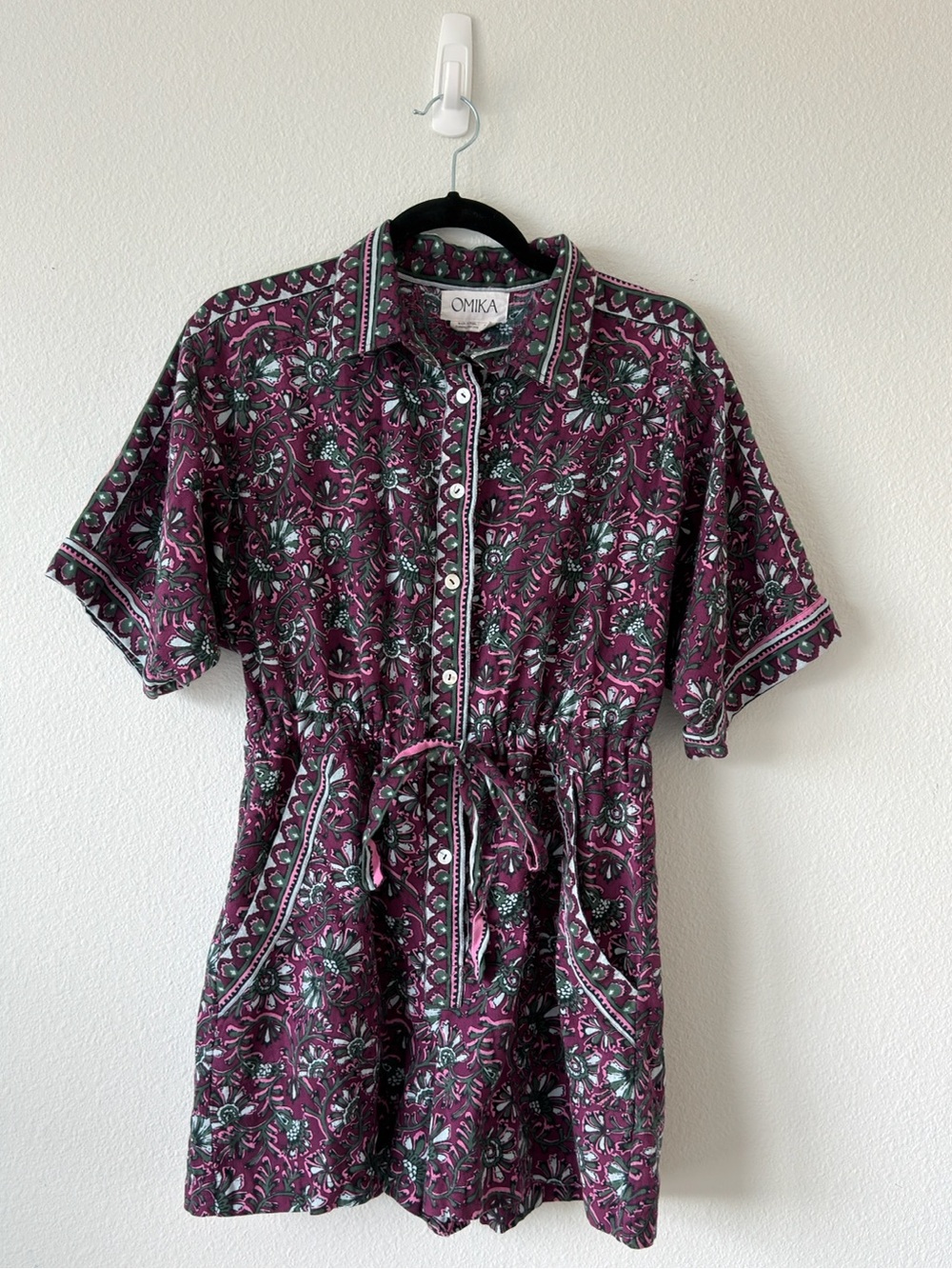 Omika Floral Button-Front Romper in Plum and Teal